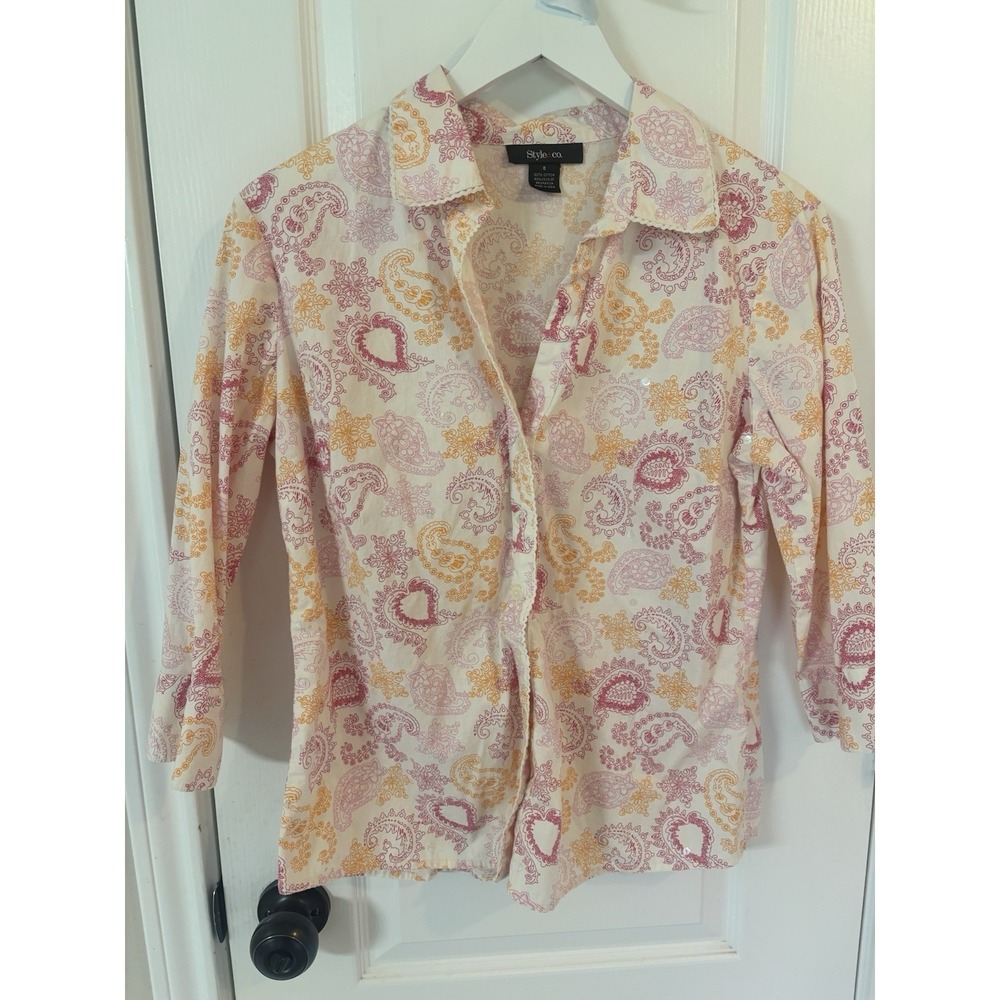 Style & Co Paisley Sequin Button Down Shirt Size 8 Pink Orange 100% Cotton